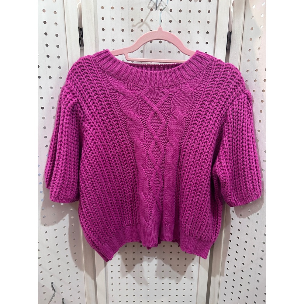 Ces Femme Magenta Pink Cable Knit Short Sleeve Sweater Top Size‎ L